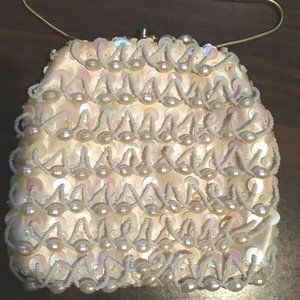 Opally White Sequin & Beaded Evening Bag w/ Chain
